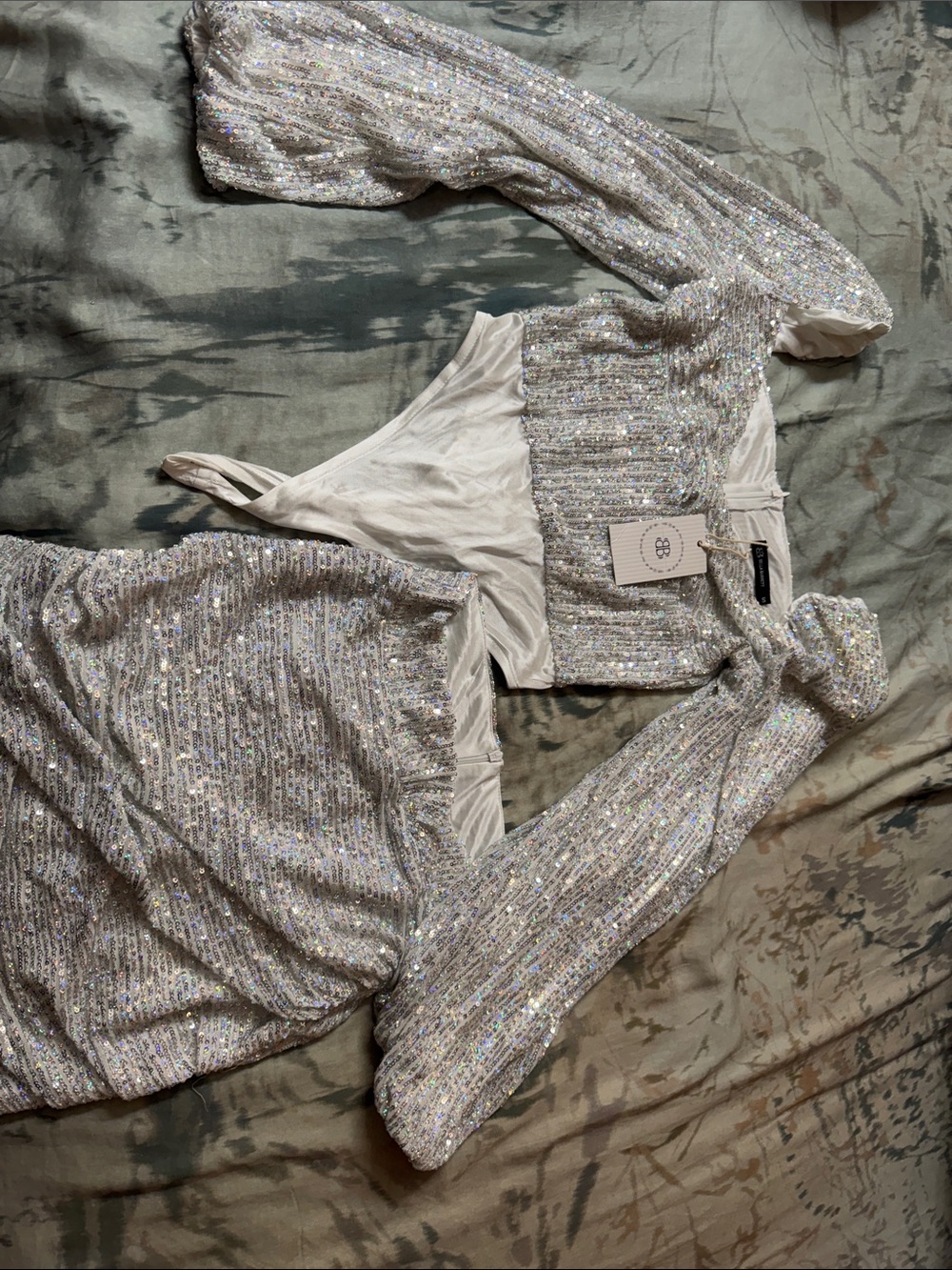 Sequin Long-Sleeve Bodysuit and Skirt in Iridescent Silver